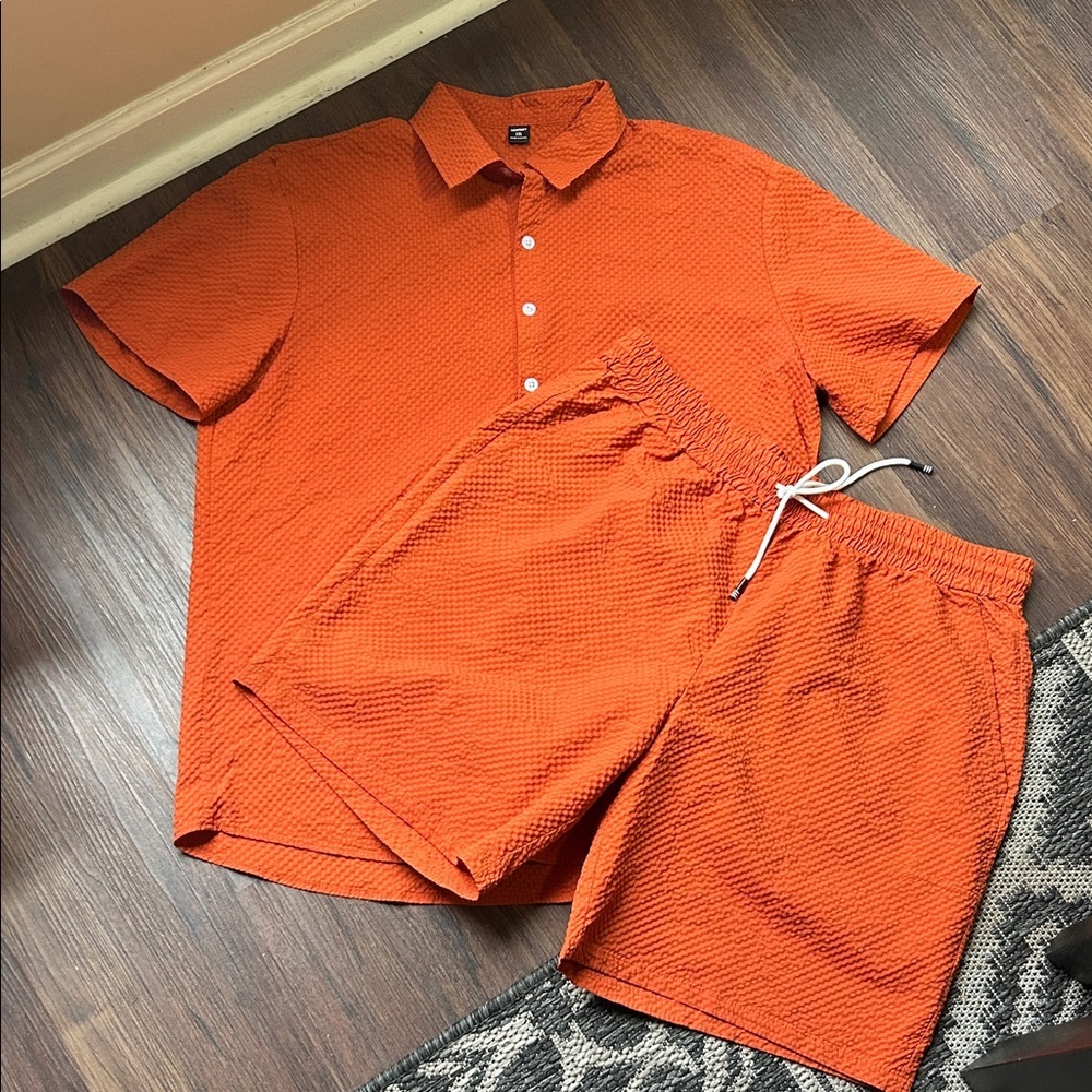 Manfinity RSRT Men's Plain Texture Button Down Short Set